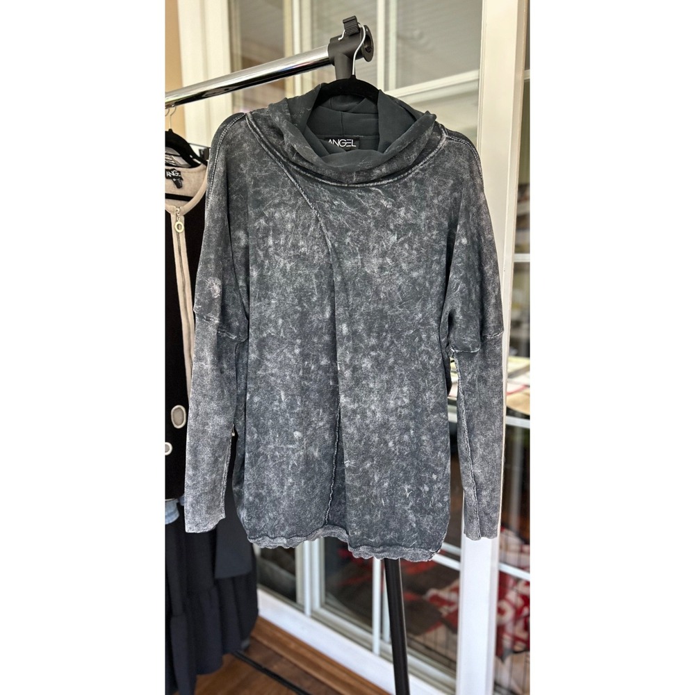 Angel Apparel Women's XXL Acid Wash Cowl Neck Sweater Top Gray Black Boho Chic